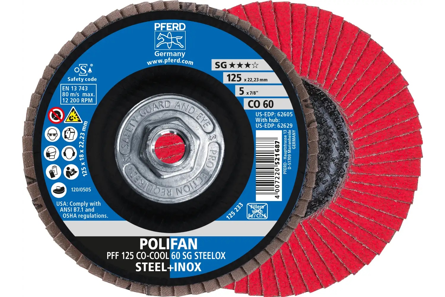 Picture of Pferd Flap Disc, 5" x 5/8-11, Co-Cool SG Steelox, 60 Grit, T27, Flat, Ceramic oxide